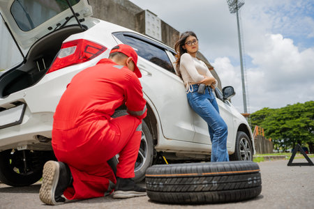 A skilled mechanic diligently fixes a flat tire while the attentive female driver observes closely