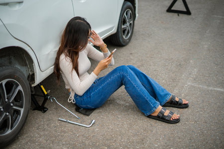A woman sits beside her car, looking at her phone during a roadside issue needing attentionの写真素材