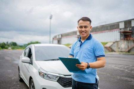 A cheerful man stands with a smile beside a modern car while holding a tablet outdoors in the sun