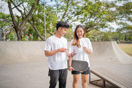 Two friends enjoy and share a delightful lighthearted moment together at the skate parkの写真素材