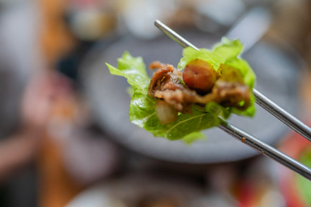 A closeup of a vibrant lettuce wrap with succulent grilled meat and flavorful garnishesの写真素材