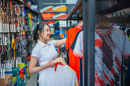 female staff hanging sports apparel in display rackの写真素材