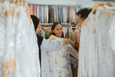 Three friends enjoy a delightful day shopping for elegant dresses at a chic boutiqueの写真素材