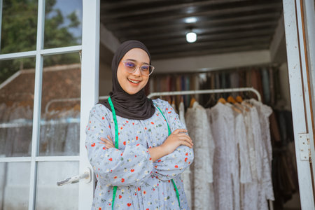 A smiling woman wearing a hijab stands with confidence outside of her chic boutique shopの写真素材