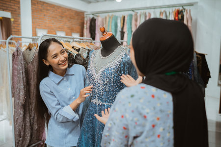 In a boutique, two women are excitedly discussing a beautiful and gorgeous blue dressの写真素材