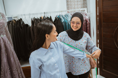 Women are working together collaboratively on dress fitting in a chic boutique environmentの写真素材