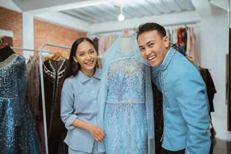 A blue embellished gown is displayed in a fashion boutique showroomの写真素材