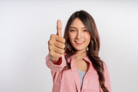 A cheerful woman shows a thumbs up, symbolizing positivity and confidence with her joyの写真素材