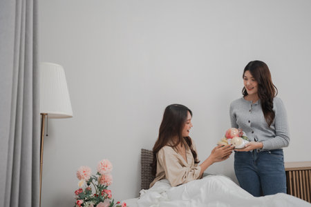 We are truly enjoying a heartwarming breakfast together in a cozy and inviting settingの写真素材