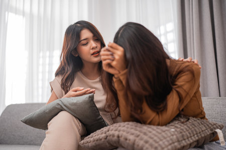 Two friends share a heartfelt moment, providing emotional support in a cozy space.の写真素材
