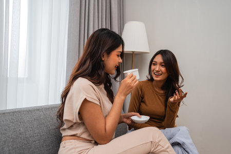 Two women chat and sip coffee, creating a warm, cozy atmosphere that strengthens their bondの写真素材