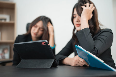 Two stressed businesswomen are intensely using their digital devices in a bustling office