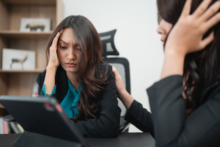 Two women share a meaningful discussion, with one offering vital support in a tough timeの写真素材