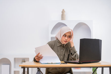 A woman looks stressed while working on her laptop, surrounded by many documents and papersの写真素材