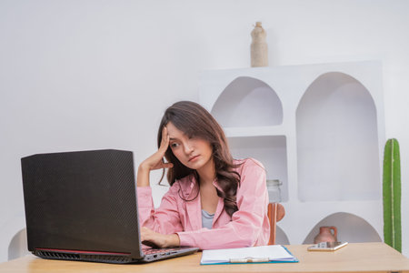 A woman in a modern workspace shows frustration trying to use her laptop effectively