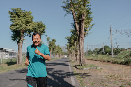 A cheerful man is jogging energetically in the beautiful morning light along a treelined path