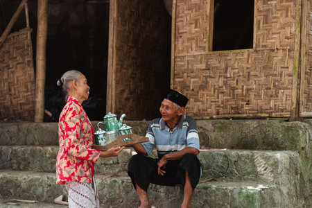 In a quaint rustic village atmosphere, an elderly woman graciously serves tea to a young manの写真素材