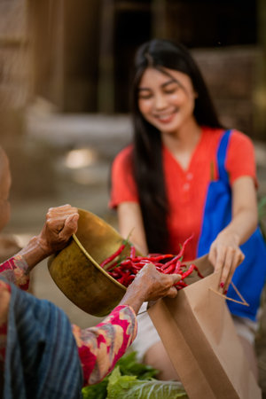 A vibrant, joyful scene featuring two women joyfully exchanging fresh, colorful produce in a bustling market settingの写真素材
