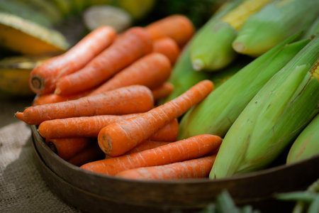 Colorful carrots and sweet corn showcase fresh farmtotable cuisine in a beautiful outdoor settingの写真素材