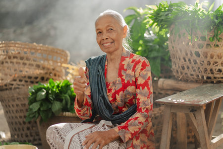 An elderly woman in traditional clothing stands proudly amidst lush plants, showcasing Balis cultural heritageの写真素材