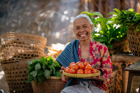 In a peaceful and picturesque rustic setting, a joyful elderly woman proudly presents her freshly harvested tomatoesの写真素材