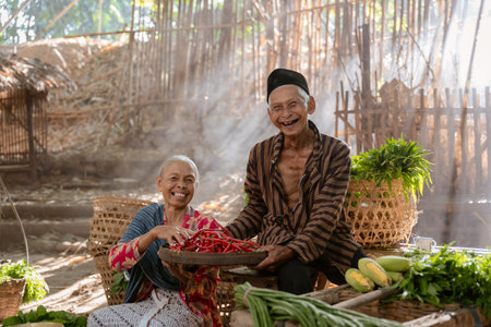 An elderly couple is joyfully sharing and enjoying fresh produce in a vibrant rustic market scene filled with lifeの写真素材