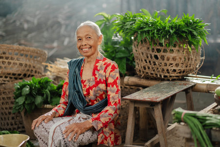 An elderly woman joyfully sits in a bustling market, fully surrounded by an array of vibrant...