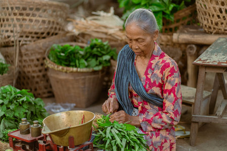 An elderly woman sorts fresh greens in a traditional market, showcasing cultural culinary practices.の写真素材
