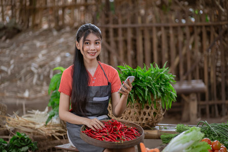 A cheerful woman dressed in an apron beautifully showcases an array of vivid fresh red chili peppers at a rustic marketの写真素材