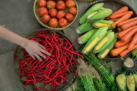 A colorful and vibrant assortment of fresh vegetables, herbs, and spices is displayed at a bustling...