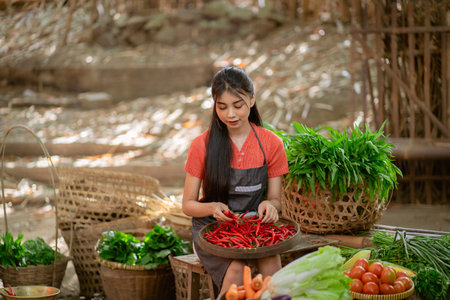 A dedicated vendor is preparing fresh chilies at a lively market, highlighting the communitys love for culinary artsの写真素材