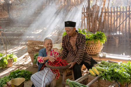 An elderly couple is joyfully sorting through an array of fresh vegetables in a bright, sunlit, rustic settingの写真素材