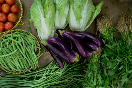A vibrant and colorful assortment of fresh vegetables such as eggplants, greens, tomatoes, and more...