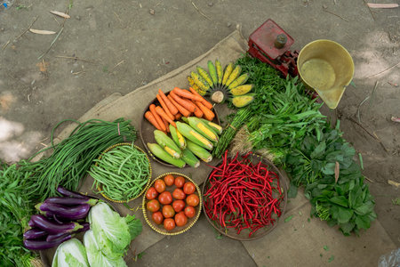 A vibrant and colorful assortment of fresh vegetables beautifully displayed on a cloth in a natural...