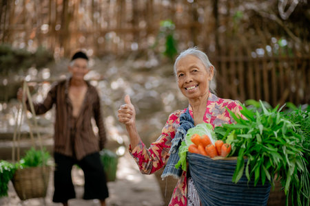 An elderly woman proudly holds a basket of fresh vegetables, celebrating her agricultural heritage...