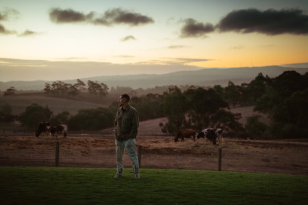 A man stands peacefully in a serene landscape at sunset, with grazing cows nearbyの写真素材