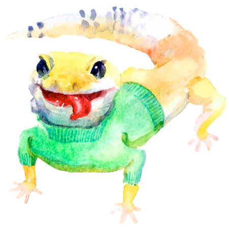 gecko in a green sweater. vector illustration isolated on white background. Cute animal. lizard. Watercolor.のイラスト素材