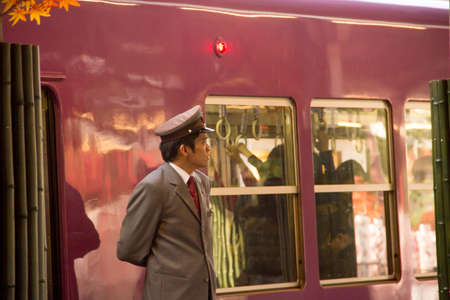 Master train Station  in Arashiyama randen train station in Kyoto ,Japan December 2015.のeditorial素材