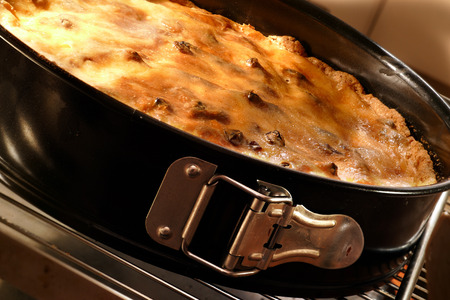 homemade cake in a springform pan, fresh out of the baking oven / stoveの写真素材