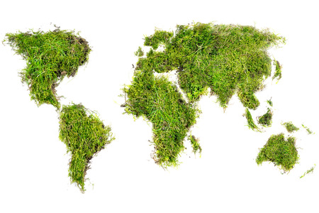 world map placed of natural turf with grass and moss, concept for ecology and environmental protection, isolated on white backgroundの写真素材