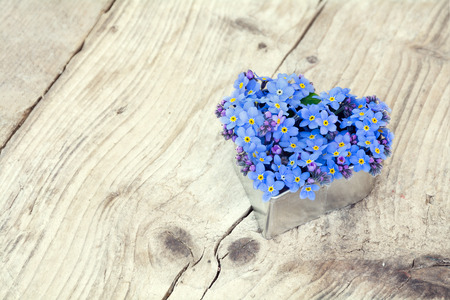 heart shape with blue forget-me-not flowers on a rustic wooden board, copy space in the backgroundの写真素材