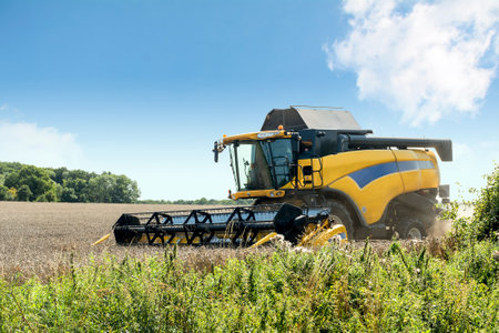 Rieps, Germany, August 13, 2015: Combine harvester on a wheat field, country landscape scene with a blue skyのeditorial素材