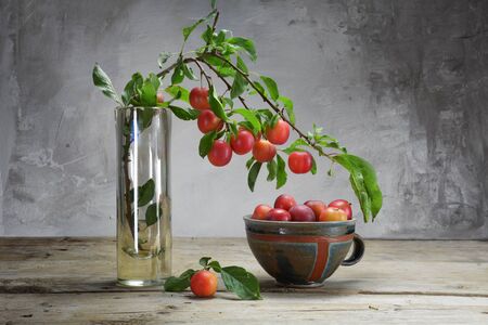 wild red plums on a branch in a vase and in a pottery bowl on an old wooden table in front of a rustic plaster wall, copy spaceの写真素材