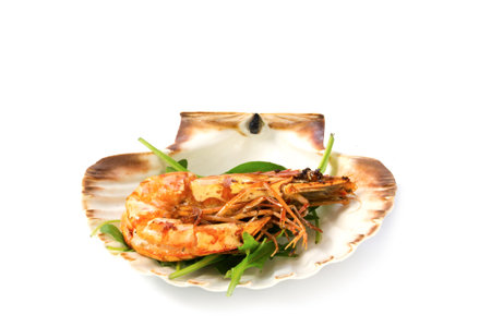 roasted  black tiger shrimp with salad, served in a scallop shell, isolated with shadow on white...