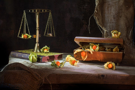 physalis fruits escape from a jewelery box to a brass scale, still life metaphor in painting style...