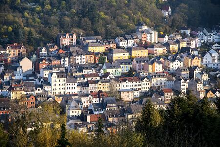 pattern of houses built mountainside where in Idar Oberstein, Germany, known as a gemstone townの写真素材