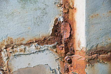 detail of a weathered wall with a rusty frame and ragged  gray white plaster, abstract closeup with...