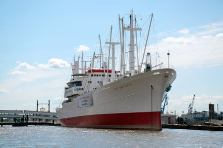 Hamburg, Germany - June 11, 2016: MS Cap San Diego against the blue sky, a restored general cargo ship, situated as a museum ship in Hamburg - St Pauli, Germanyのeditorial素材
