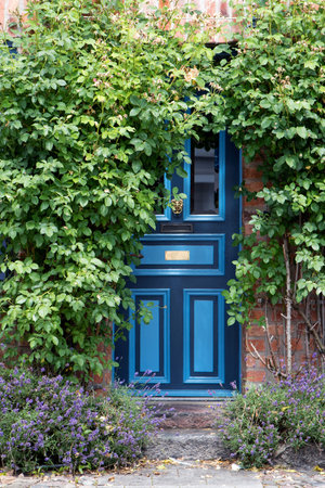 beautiful blue front door in an old brick house overgrown with climbing roses in a typical old town...