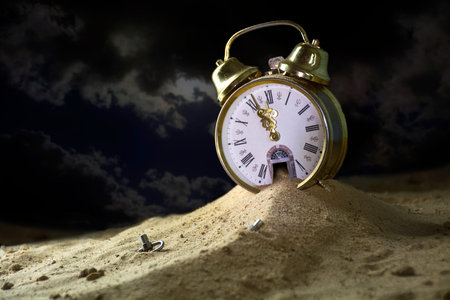 sand running down from the door of a alarm clock in a fantasy desert at night, surreal metaphor,...